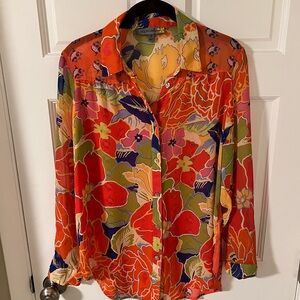 Figueroa & Flower Semi-Sheer Boho Tropical Floral button down blouse Size Medium